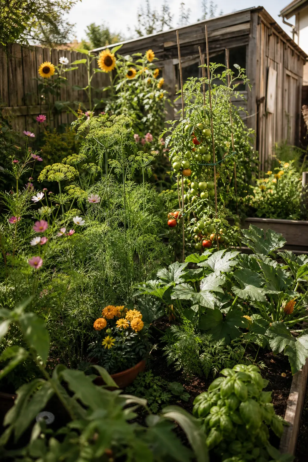 Cottage-Style-Gemüsegarten im Sommer mit Tomaten, Zucchini, Sonnenblumen und Kräutern
